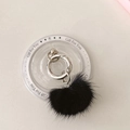 Detail of soft black mink fur phone grip pendant with polished silver spring ring buckle - Magnetic Stand - Mink Fur Ball - Gift Print / Black
