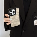 Detail of beige tweed woven texture phone case for iPhone with protective camera frame - Khaki