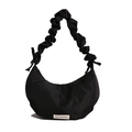 Black nylon crescent bag featuring a unique gathered cloud shoulder strap and label detail - Black