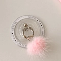 Detail of pink faux fur pompom phone grip with silver ring on gift card packaging - Magnetic Stand - Mink Fur Ball - Gift Print / Pink