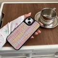 Close-up of pink tweed woven texture phone case for iPhone with slim black frame detail - iPhone 13 Pro / Multi-pink