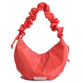 Coral red large capacity oxford crescent bag with pleated shoulder strap and white label - Watermelon red