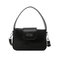 Minimalist black oil wax leather handbag with vintage texture and oval metal plaque - Black