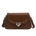Brown leather square bag with a silver heart-shaped metal buckle and adjustable strap - Brown