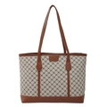Klassische Shopper-Tasche mit Karomuster, braunen Ledergriffen und Vintage-Monogramm - Khaki
