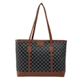 Große Shopper-Tasche aus dunkelgrauem Monogramm-Canvas mit braunen Ledergriffen und Boden - Schwarz