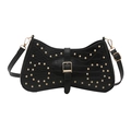 Chic black crescent bag with crocodile texture and gold metal studs decoration - Black