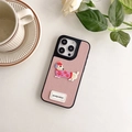 Detail of light pink leather iPhone case with embroidered long-haired dachshund and text - Pink / iPhone 16e