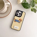 Detail of dachshund embroidery on beige leather phone case with goodluck label - Yellow / iPhone 16e