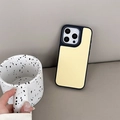 Detail of cream lychee leather iPhone case with black camera frame protection - Large-pore Texture - Single Shell - Yellow