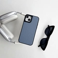 Detailed view of light blue lychee grain leather phone case with black shockproof edges - Large-pore Texture - Single Shell - Blue / iPhone 13PRO