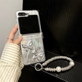 Close-up of silver laser marble phone case with diamond bows and pearl hand chain - Gem Butterfly (Feather Paper + Pearl Chain) / Samsung ZFlip3