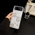 Luxury pearl white fold phone case with bow and heart accents for Samsung Z Flip series - Frosted Hard Shell-White Glitter-Lace Heart Butterfly / Samsung ZFold3