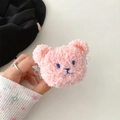 Detailed close-up of a pink plush bear earphone case with soft fur and blue embroidery - Pink Plush Bear (Back Clip Only)