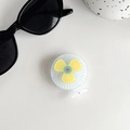 Detail of a rotating fan-shaped phone grip with yellow and blue acrylic finish - Transparent Stand - Rotating Mini Fan