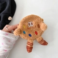 Dettaglio del portamonete a biscotto in peluche con ricami colorati e zip dorata - Portafoglio Biscotto in Peluche (con Clip Posteriore) / Marrone Scuro