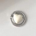 Detail showing creamy heart inlay on polished silver metallic phone ring holder base - Thin Heart / White