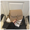 Dettaglio della trama intrecciata e della chiusura dorata a goccia sulla borsa beige - Cachi
