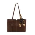 Borsa tote vintage in pelle opaca marrone scuro con cuciture a contrasto e foulard di seta - Marrone Scuro