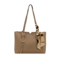 Borsa tote minimalista in pelle PU kaki da donna con sciarpa di seta decorativa sulla tracolla - Cachi