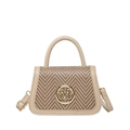 Retro beige herringbone patchwork handbag with golden M logo and top handle - Khaki