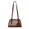 Borsa a mano chic in tela beige con finiture in pelle marrone e scritta FASHION - Marrone
