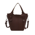 Dark brown lychee pattern bucket bag with handles and adjustable silver hardware strap - Brown