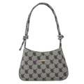 Vintage canvas baguette shoulder bag with blue monogram pattern and gold metal hardware - Gray