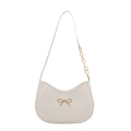 Borsa a spalla beige a mezzaluna con fiocco dorato e tracolla in catena dorata - Bianco