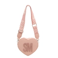 Pink heart-shaped crossbody bag with Saffiano leather and a patterned wide strap - Pink