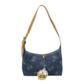Sac sous le bras en denim bleu avec imprimés ours et bandoulière réglable en cuir brun - Bleu foncé