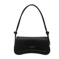 Minimalist black leather shoulder bag with curved base and gold logo on white background - Black