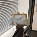 Modern light blue denim shell handbag featuring rhinestones and elegant gold chain strap - Light Blue
