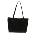 Large black tote bag with red cherry prints and durable faux leather base for commuting - Black