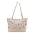Minimalist cream canvas tote bag with red cherry print and leather base for women - White