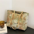 Retro floral jacquard tote bag with green daisy patterns and yellow leather straps - Khaki