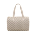 Bolso cilíndrico blanco roto con monograma M en gris oscuro y cremallera de metal dorado - Blanco
