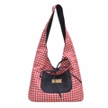 Borsa tote in tela a quadri rossi con tasca in denim blu scuro e dettaglio fiocco - Quadretti Rosa Lato A