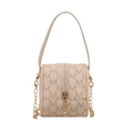 Retro monogram cilindertas in beige met gouden ketting en handvat bovenaan - Wit