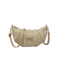 Borsa a mezzaluna in paglia intrecciata beige con fiocco dorato e tracolla in pelle - Cachi