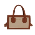 Bolso tote de lona tejida en marrón y beige con ribetes de cuero y logo de Amity - Marrón