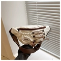 Detail of white sporty crossbody bag with brown straps and elastic bungee cord system - White