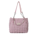 Pink bubble-textured tote bag with pearl chain and leather metal strap details - Pink