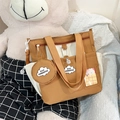 Borsa tote in tela color-block per studenti con toppa a nuvola e piccola custodia tonda - Marrone