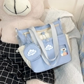 Borsa tote in tela blu e crema con stemma a nuvola e piccolo portamonete rotondo - Blu
