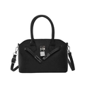 Classic black litchi pattern handbag with silver padlock and adjustable shoulder strap - Black