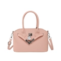 Pink lychee texture handbag with V-shaped metal trim and adjustable shoulder strap - Pink