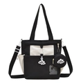 Bolso tote retro de lona en blanco y negro con mini monedero y correa ajustable - Negro