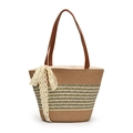 Large striped straw tote bag with brown faux leather straps and lace bow decoration - Style Three With Scarf