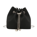Elegant black drawstring bucket bag with silver chain strap and decorative pearls - Black